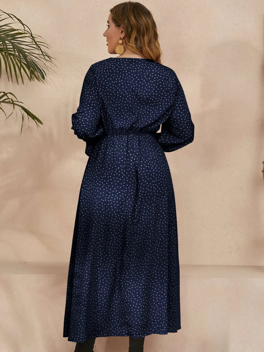 Honey Plus Size Ruffled Polka Dot Long Sleeve Midi Dress Navy / 0XL 
