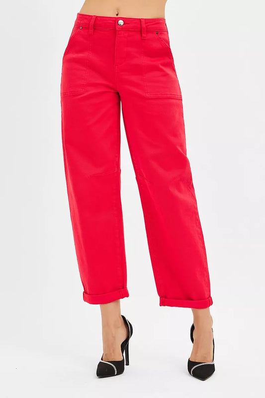 RISEN High Rise Ankle Cuffed Barrel Pants SCARLET / 0 