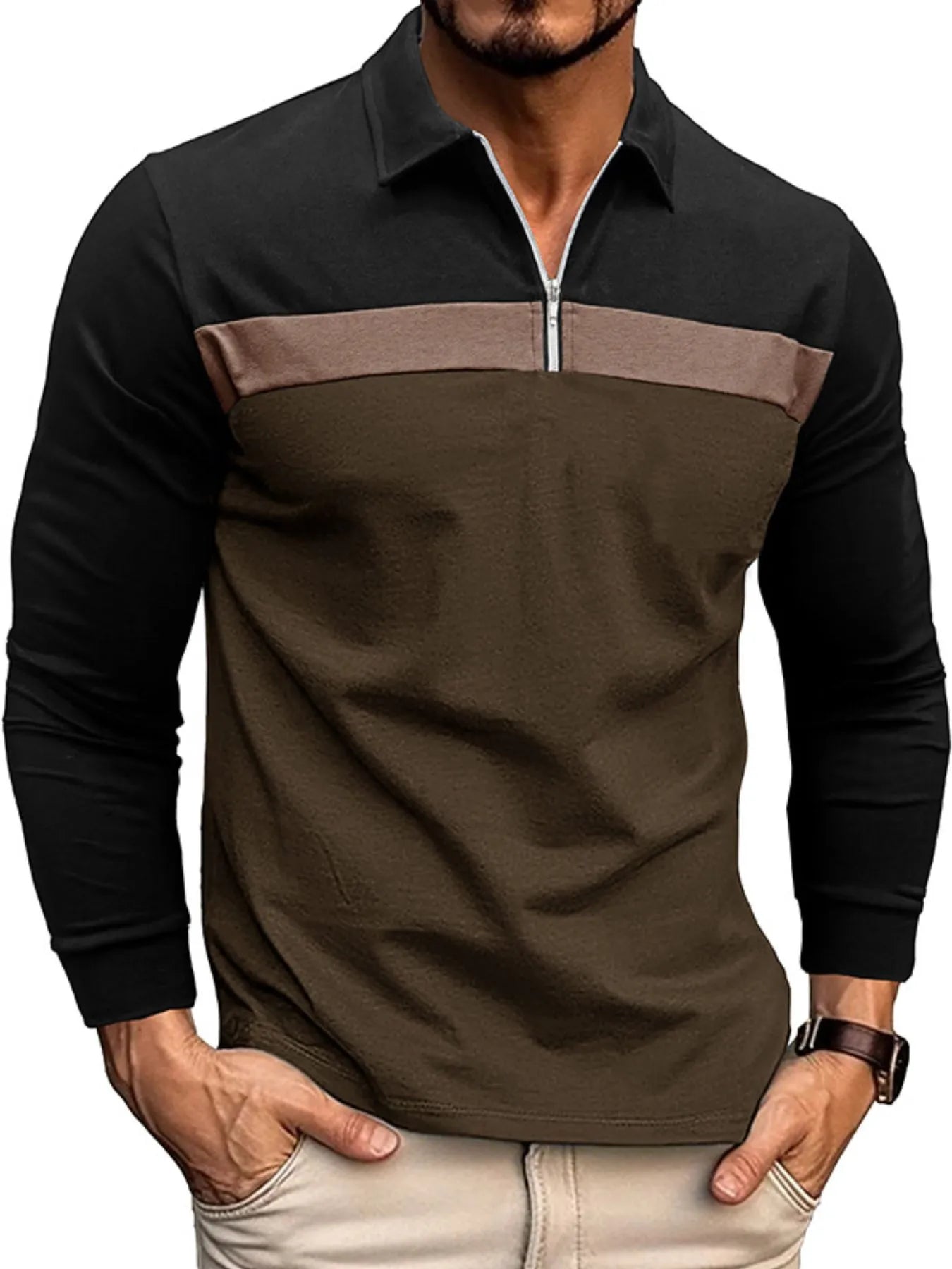 Men's Color Block Long Sleeve Polo Shirt Navy / S 