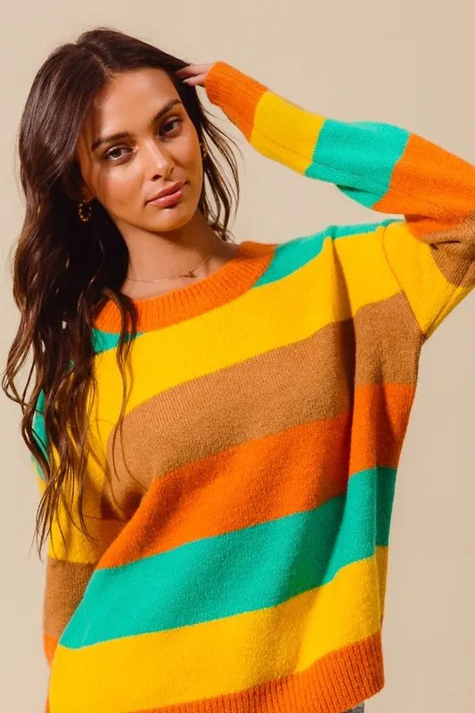SO ME Multi Color Stripe Sweater with Ribbed Detail RUS/JAD/MUST/COFF / S 