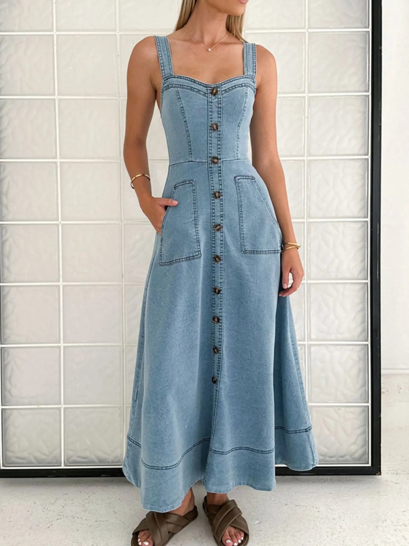 Wide Strap Sweetheart Neck Denim Dress Light Blue / S 