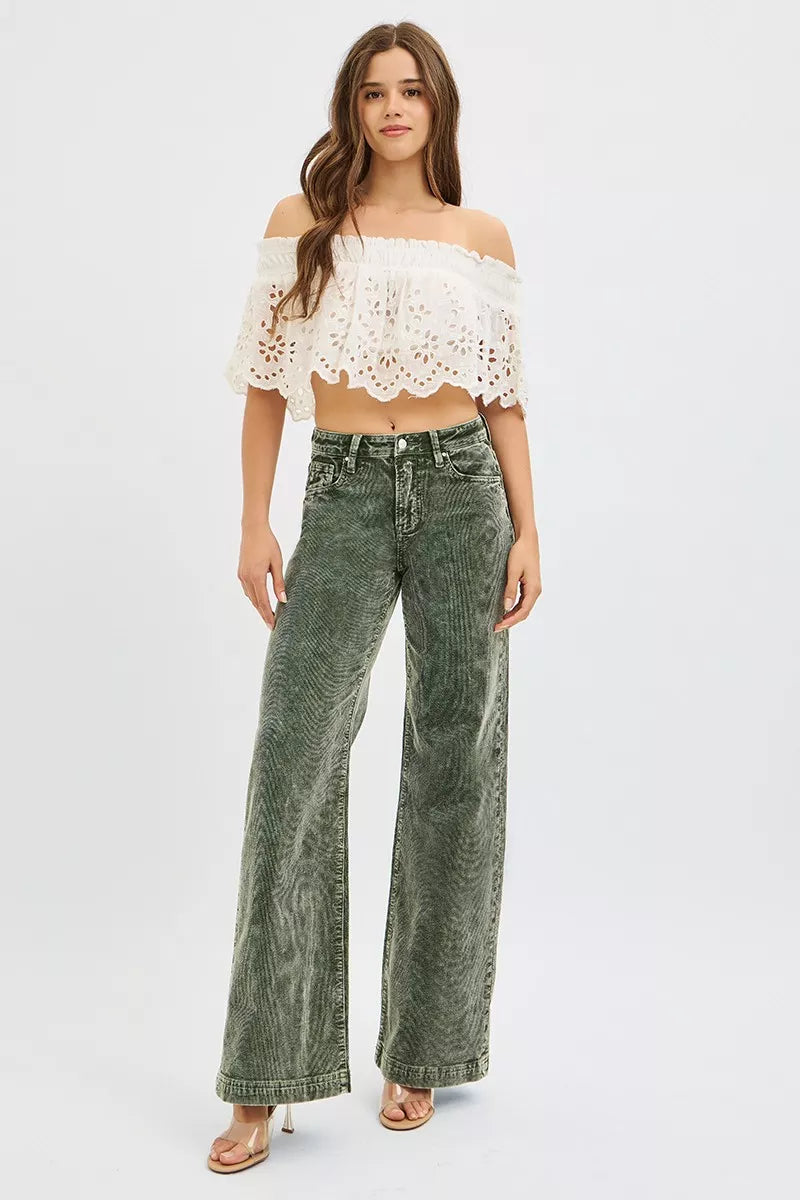 RISEN Full Size High Rise Wide Leg Corduroy Jeans Plus Size FOREST / 0 