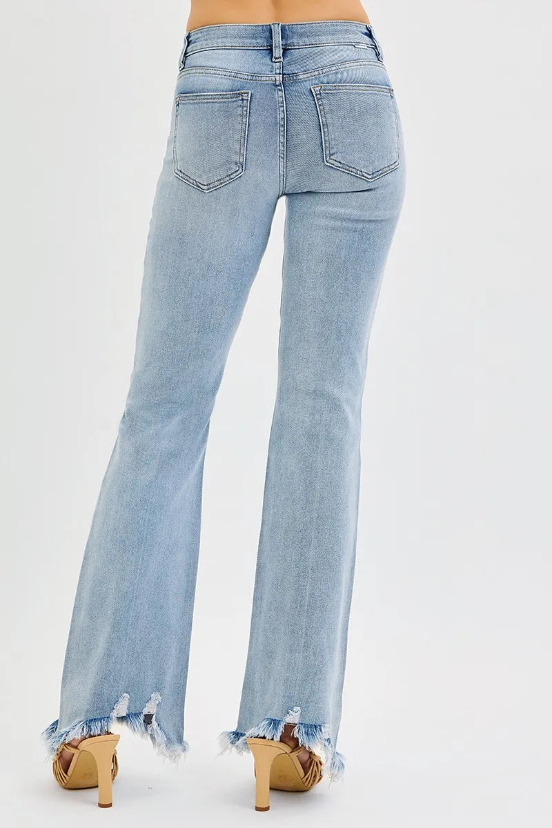 RISEN Full Size Tummy Control Mid Rise Flare Jeans with Fray Hem Detailed Plus Size MEDIUM / 0 