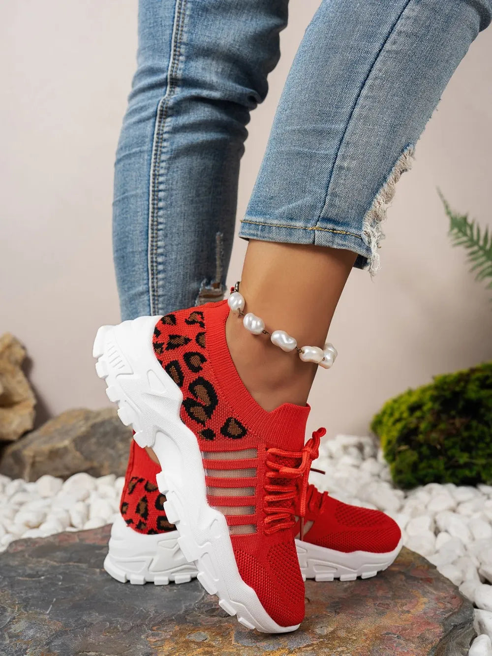 Cutout Leopard Lace Up Mesh Athletic Black / 36(US5) 