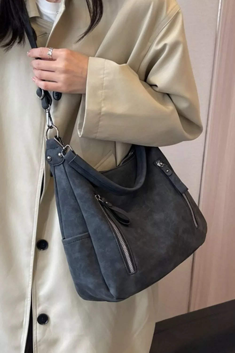 Zipper Details Adjustable Strap Crossbody Bag Khaki / One Size 