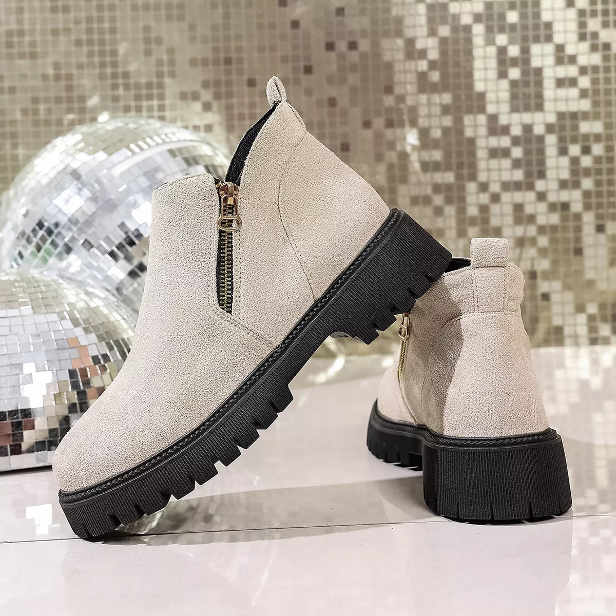 Round Toe Side Zip Ankle Boots Ivory / 36 