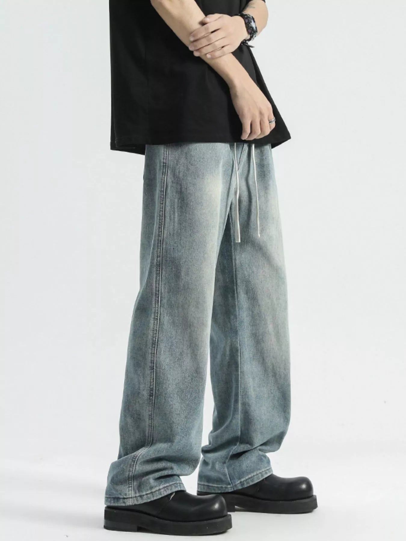 Men's Full Size Washed Wide Leg Drawstring Jeans Plus Size Polished Gray / S 