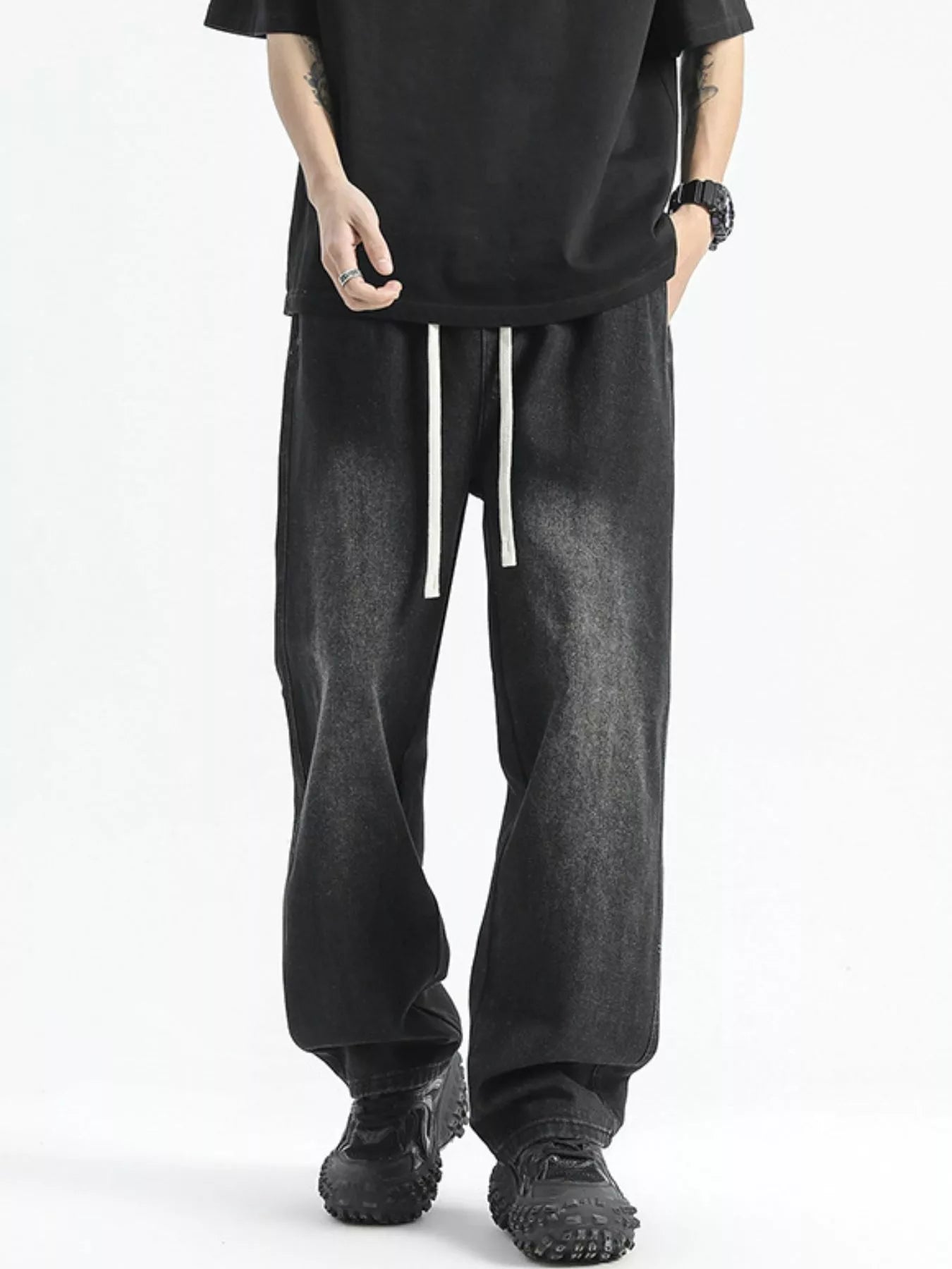 Men's Full Size Washed Wide Leg Drawstring Jeans Plus Size Polished Gray / S 