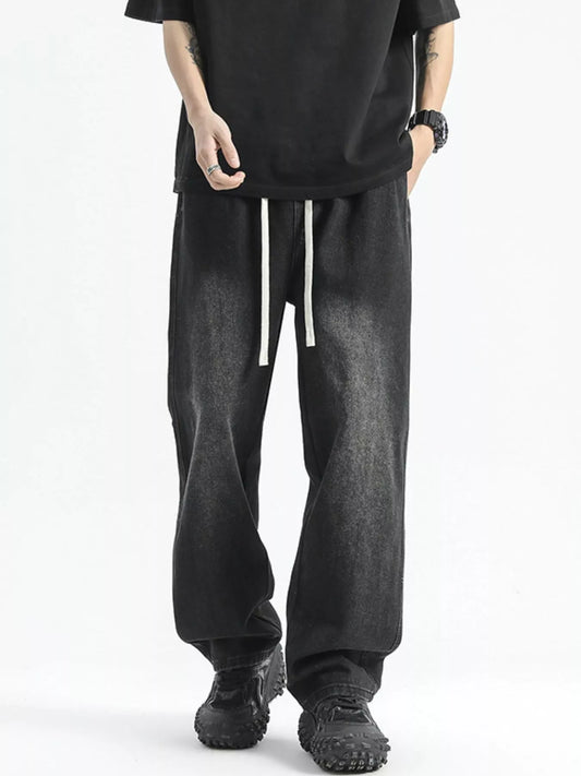 Men's Full Size Washed Wide Leg Drawstring Jeans Plus Size Polished Gray / S 