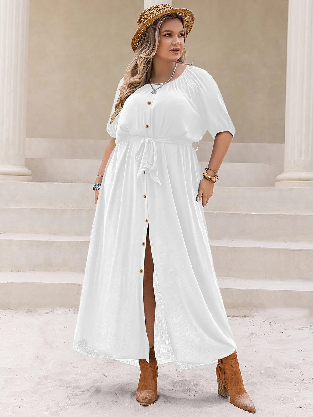 Plus Size Round Neck Half Sleeve Dress Burgundy / 0XL 
