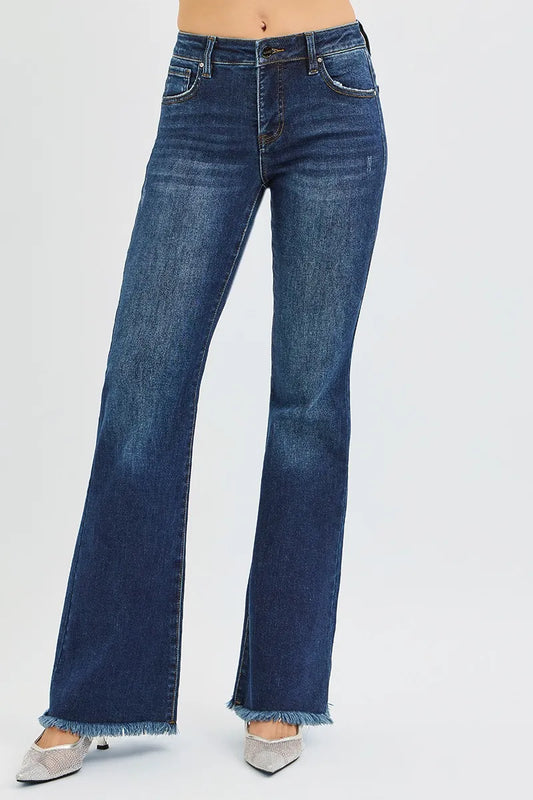 RISEN Full Size Tummy Control Mid Rise Flare Jeans Plus Size DARK / 0 