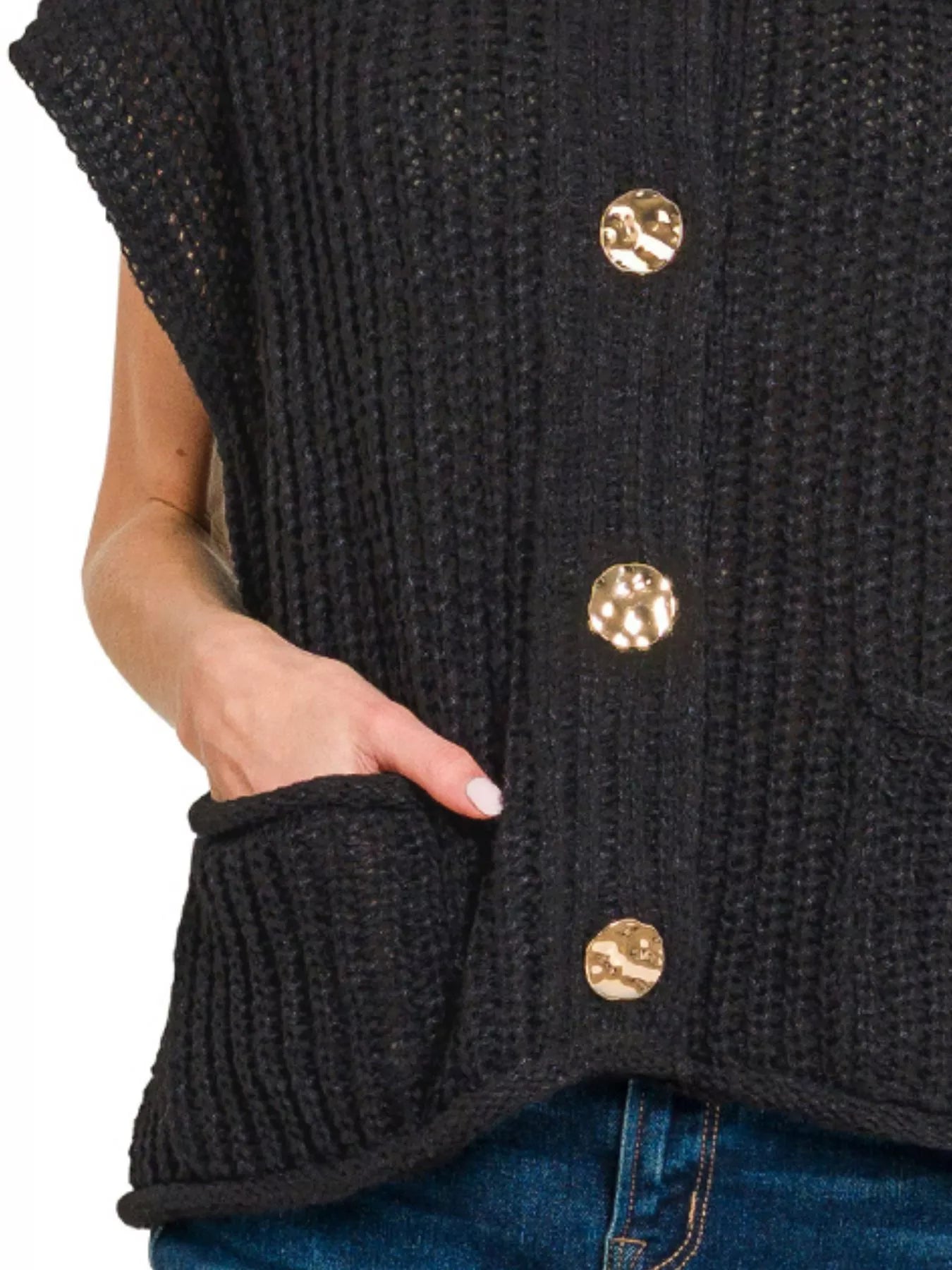 Zenana Button Down Sweater Vest with Front Pockets BLACK / S 