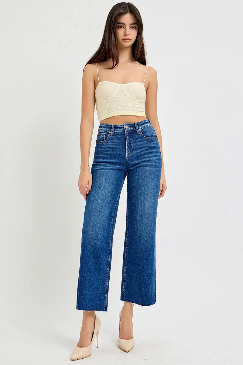 RISEN Full Size Tummy Control High Rise Wide Crop Jeans Plus Size DARK / 0 