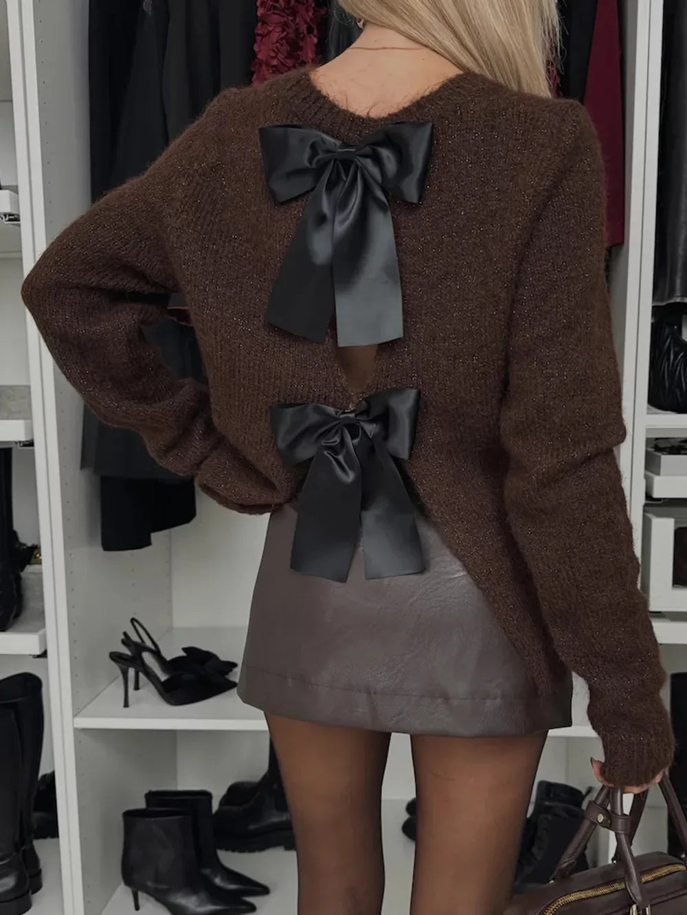 Bow Slit Back Round Neck Sweater Rust / S 