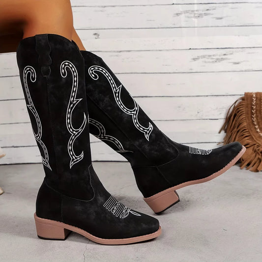 Embroidered Round Toe Block Heels Boots Dark Brown / 36 
