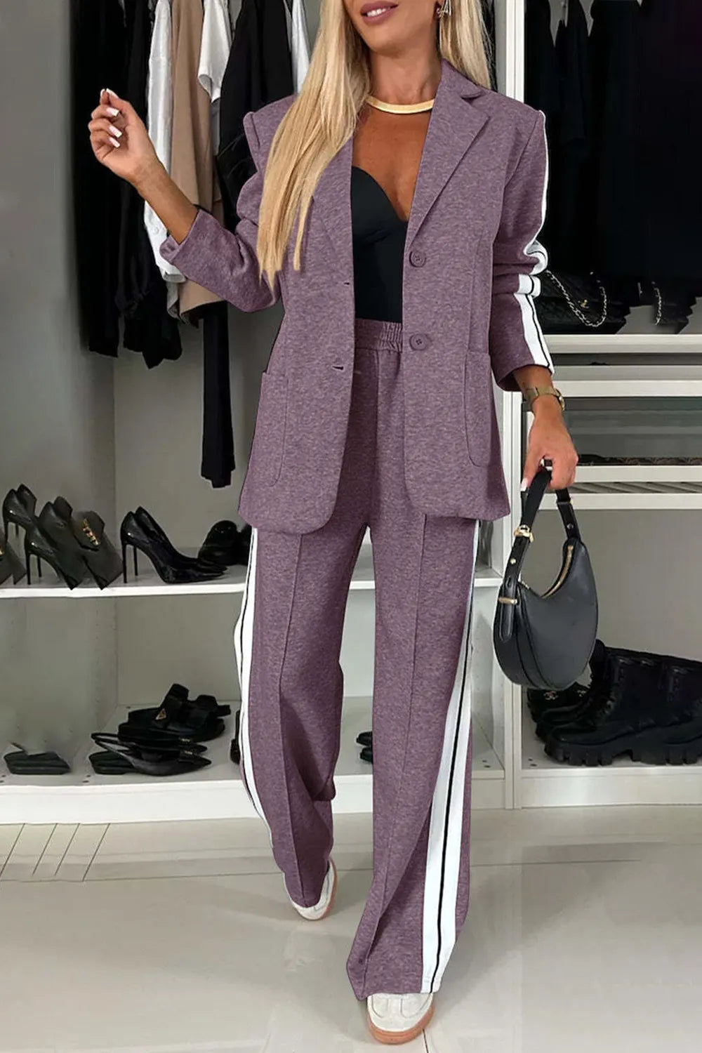 Full Size Contrast Lapel Collar Top and Pants Set Light Gray / S 