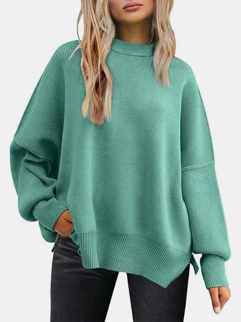Round Neck Drop Shoulder Slit Sweater Sage / S 