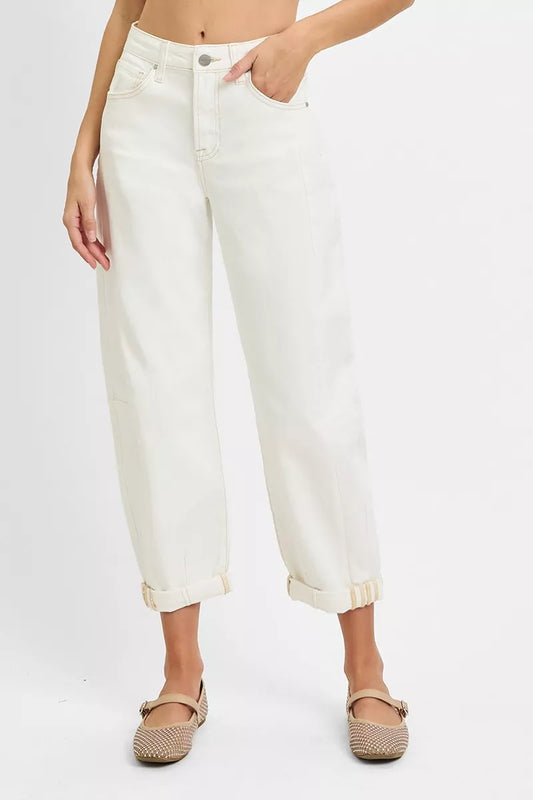RISEN Full Size High Rise Barrel Cropped Jeans Plus Size CREAM / 0 