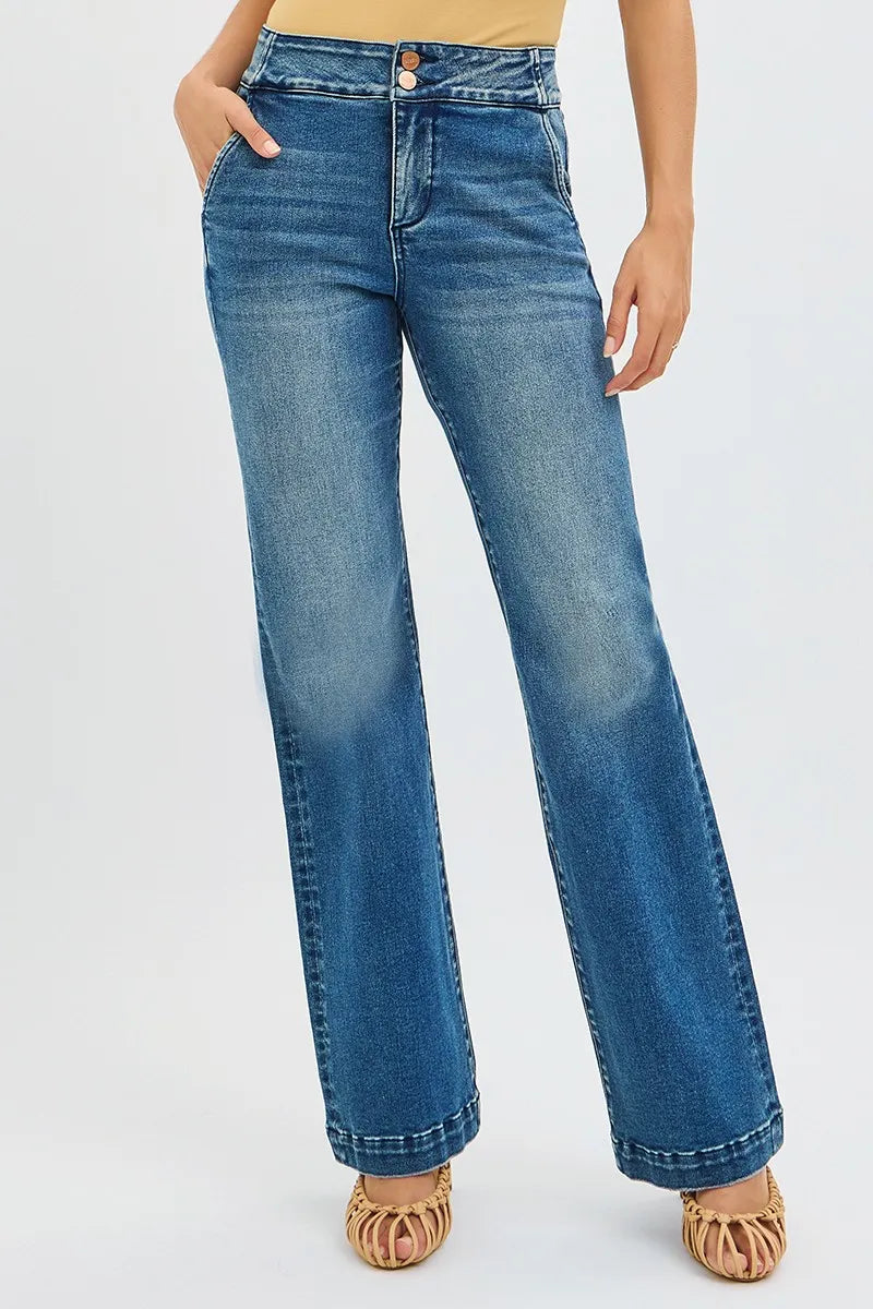 RISEN Full Size Tummy Control High Rise Bootcut Jeans with Double Button Waistband Plus Size DARK / 0 