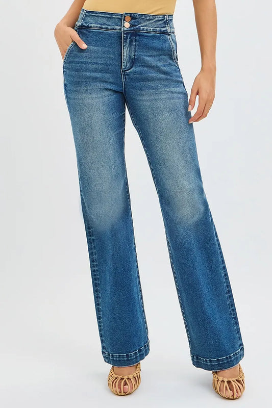 RISEN Full Size Tummy Control High Rise Bootcut Jeans with Double Button Waistband Plus Size DARK / 0 