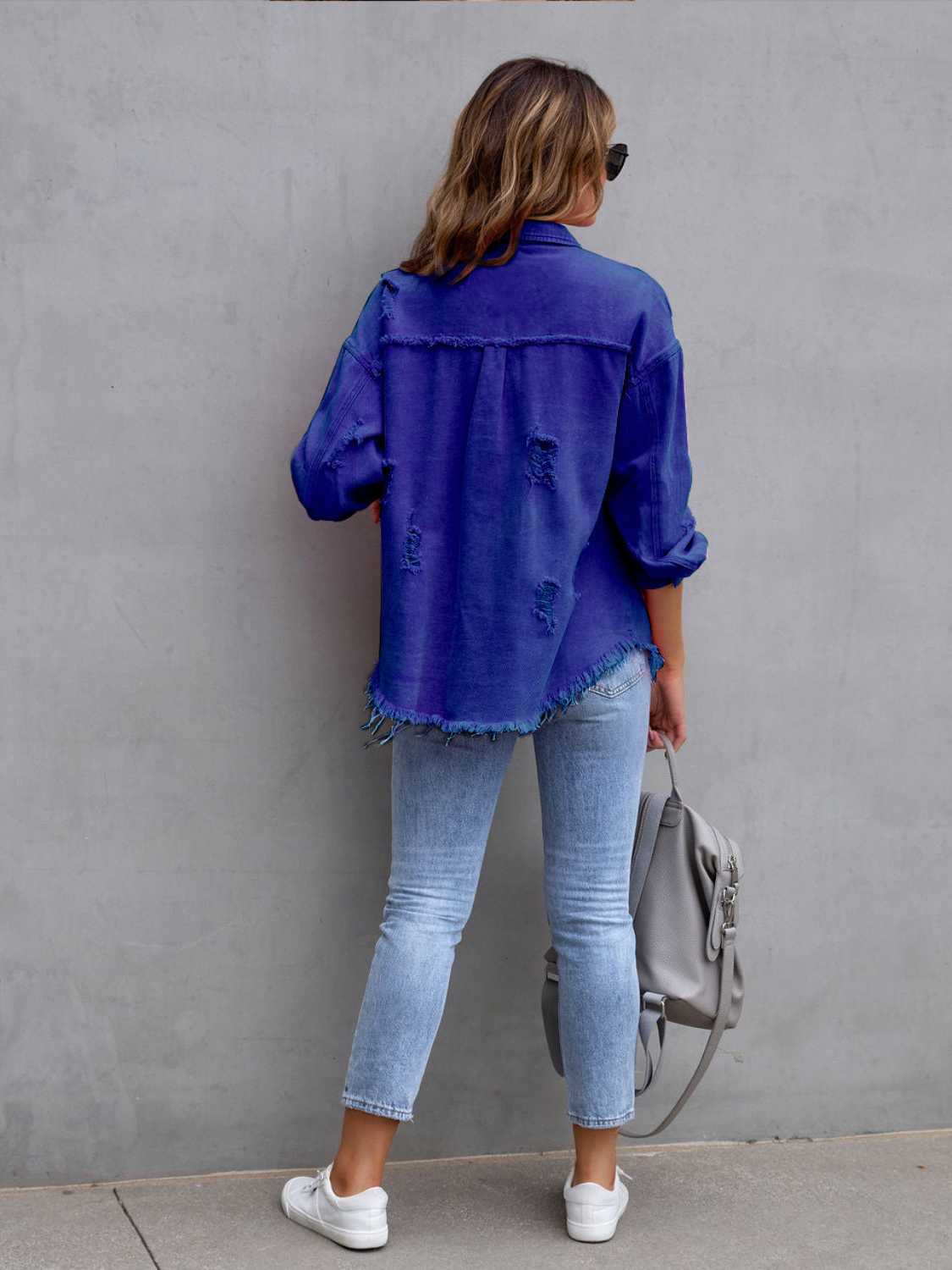 Distressed Drop Shoulder Denim Jacket Fuchsia Pink / S 