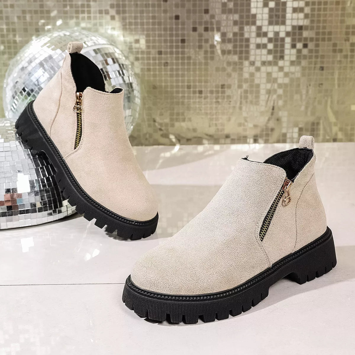 Round Toe Side Zip Ankle Boots Ivory / 36 