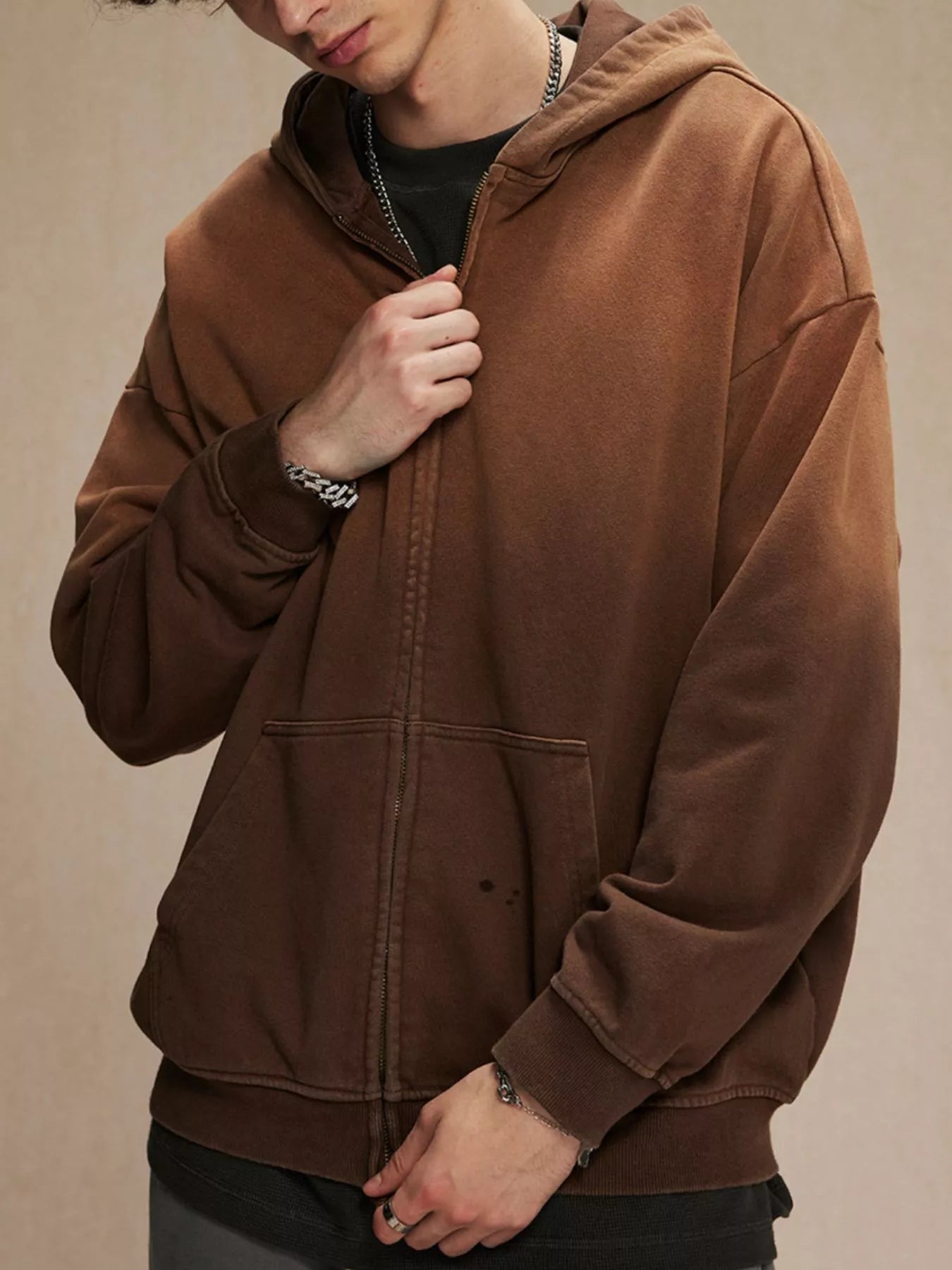 Men's Zip Up Long Sleeve Hoodie Spray Dye Black / S 