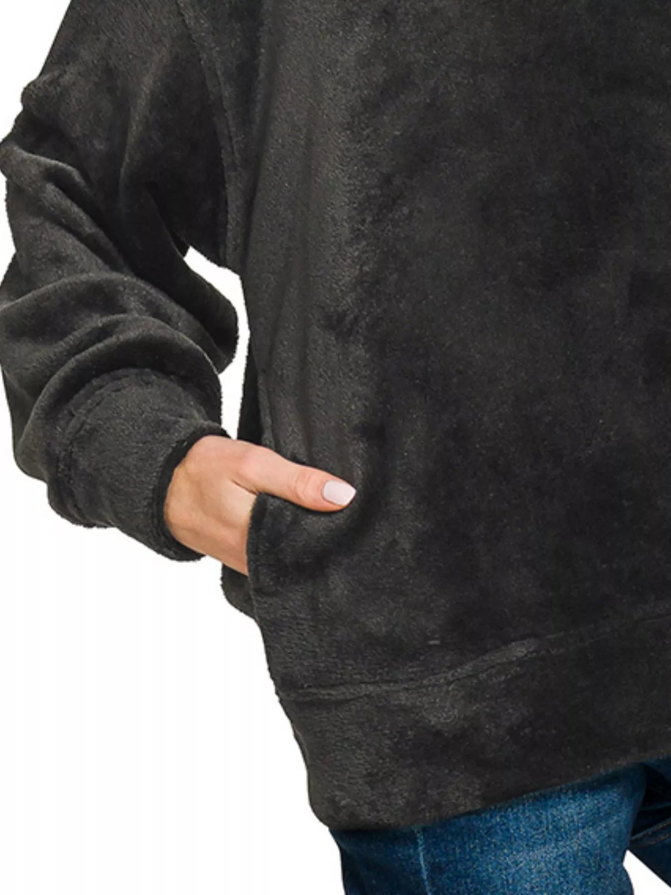 Zenana Faux Fur Half Zip Pocket Pullover BLACK / S 