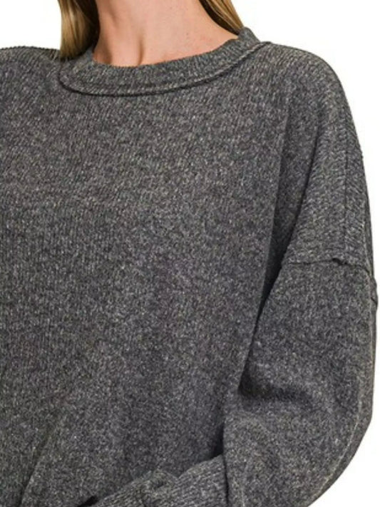 Zenana Full Size Brushed Ribbed Hacci Drop Shoulder Sweater Plus Size BLACK / S/M 
