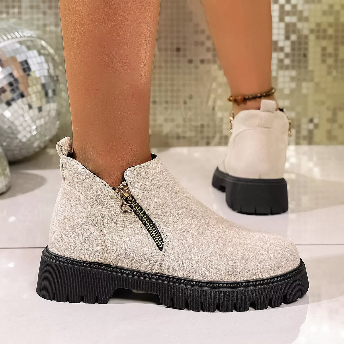 Round Toe Side Zip Ankle Boots Ivory / 36 