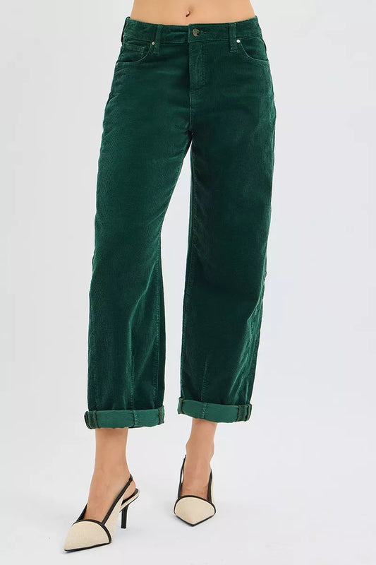 RISEN High Rise Crop Barrel Cordurory Pants HUNTER GREEN / 0 