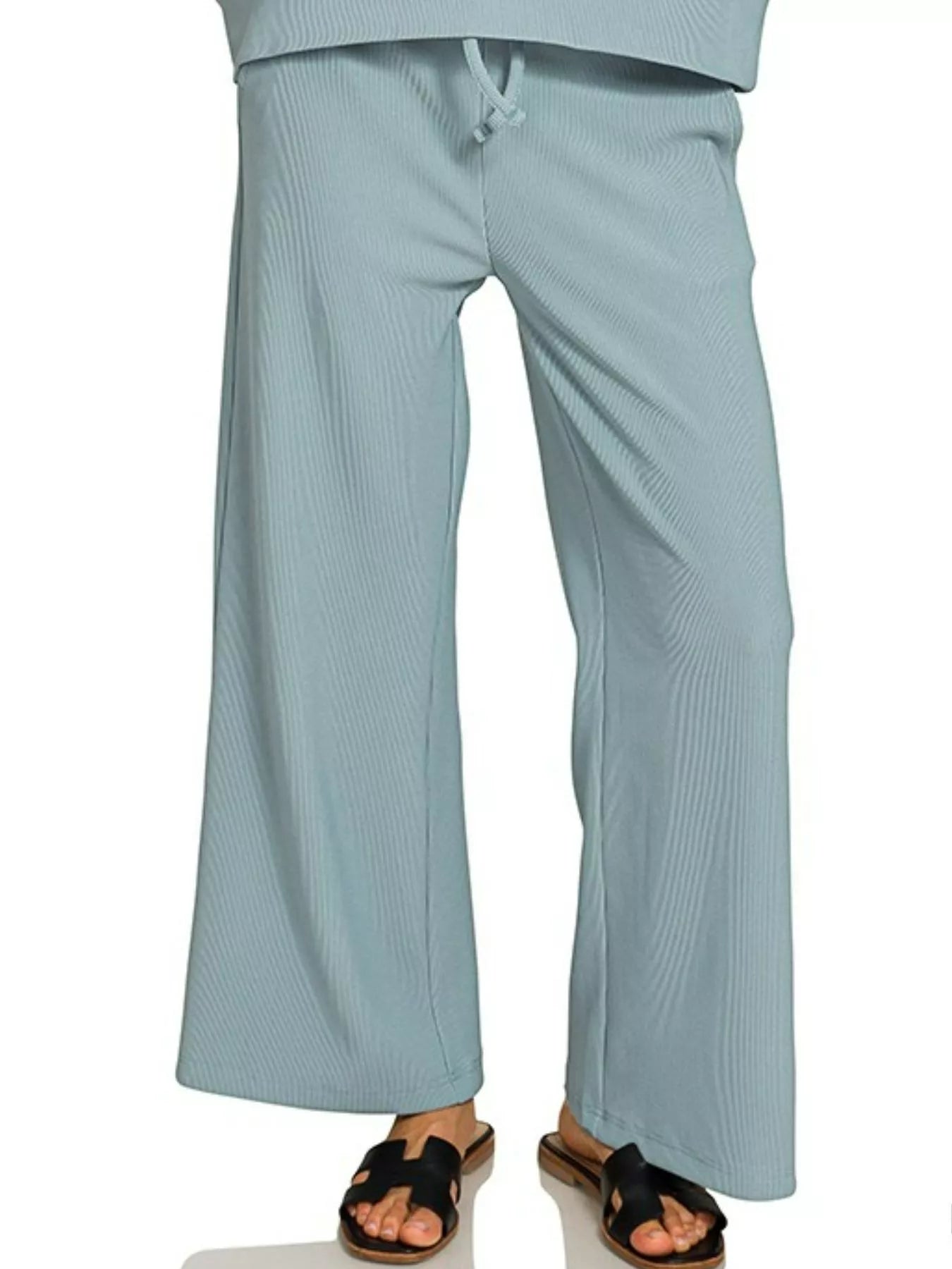 Zenana Ribbed Round Neck Pullover and Drawstring Pants Set BLUE GREY / S 