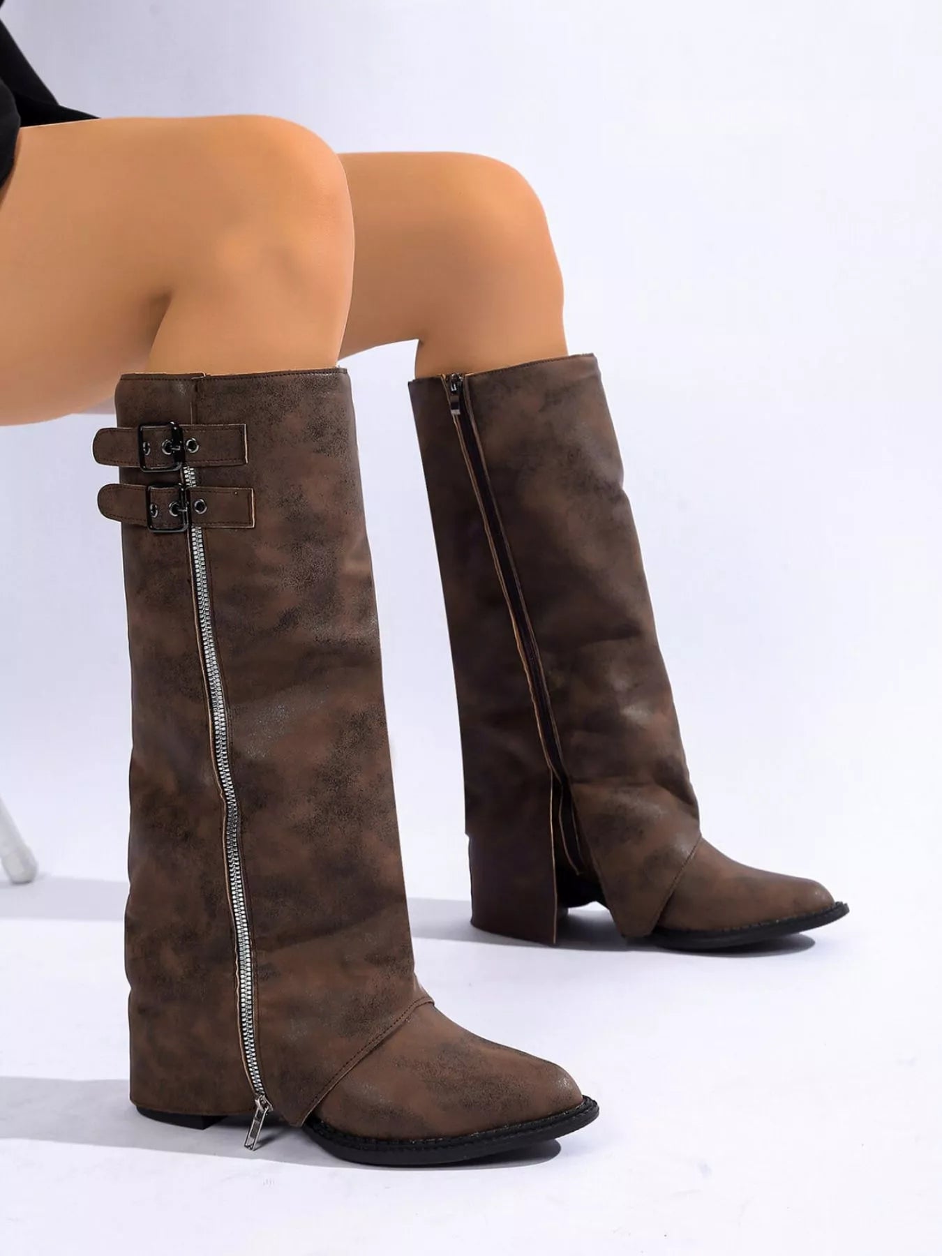 Point Toe Block Heels Boots Dark Brown / 36 