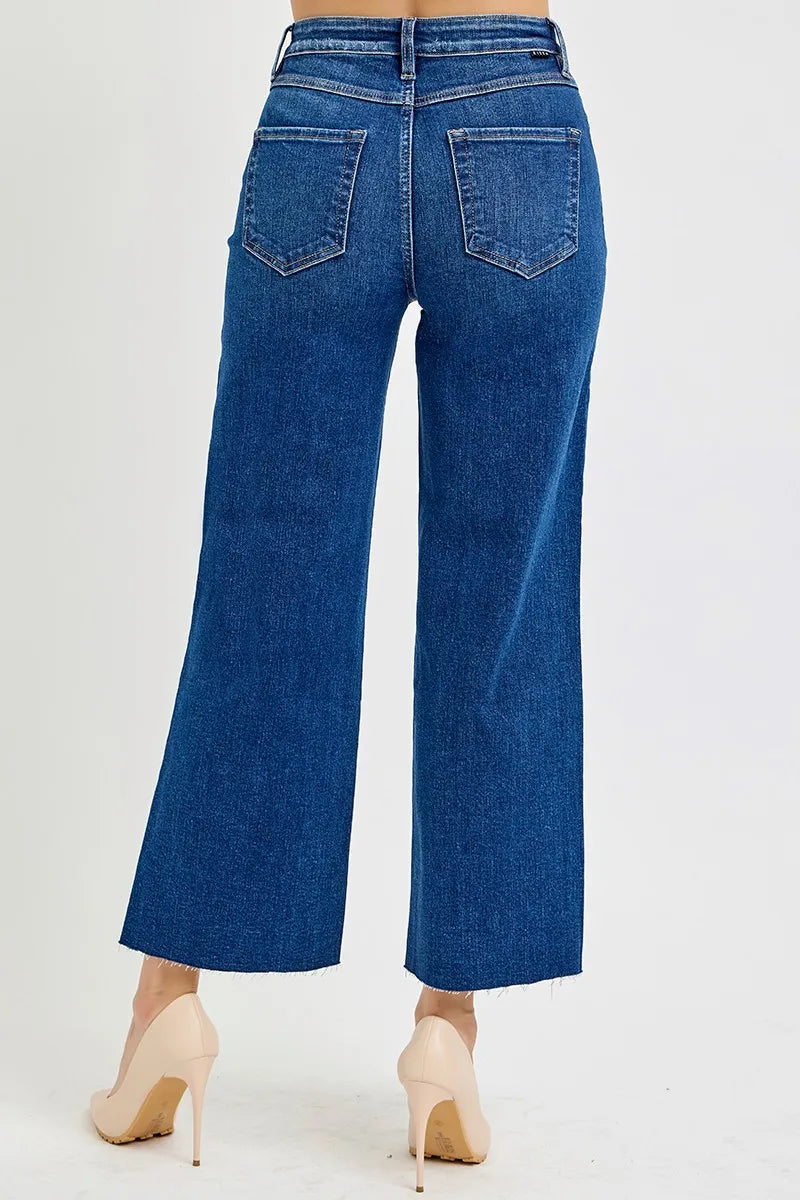 RISEN Full Size Tummy Control High Rise Wide Crop Jeans Plus Size DARK / 0 