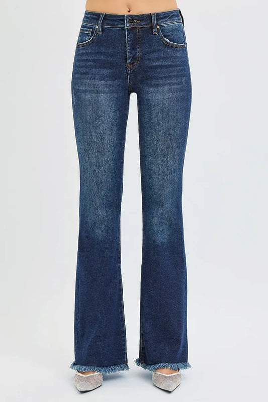 RISEN Full Size Tummy Control Mid Rise Flare Jeans Plus Size DARK / 0 