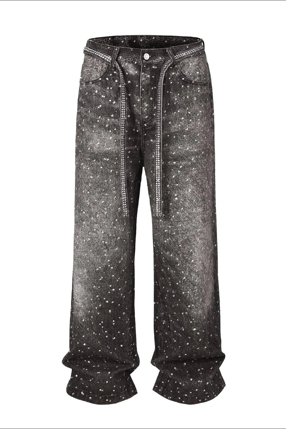 Men's Washed Rhinestone Jeans with Rhinestone Belt Medium / M 