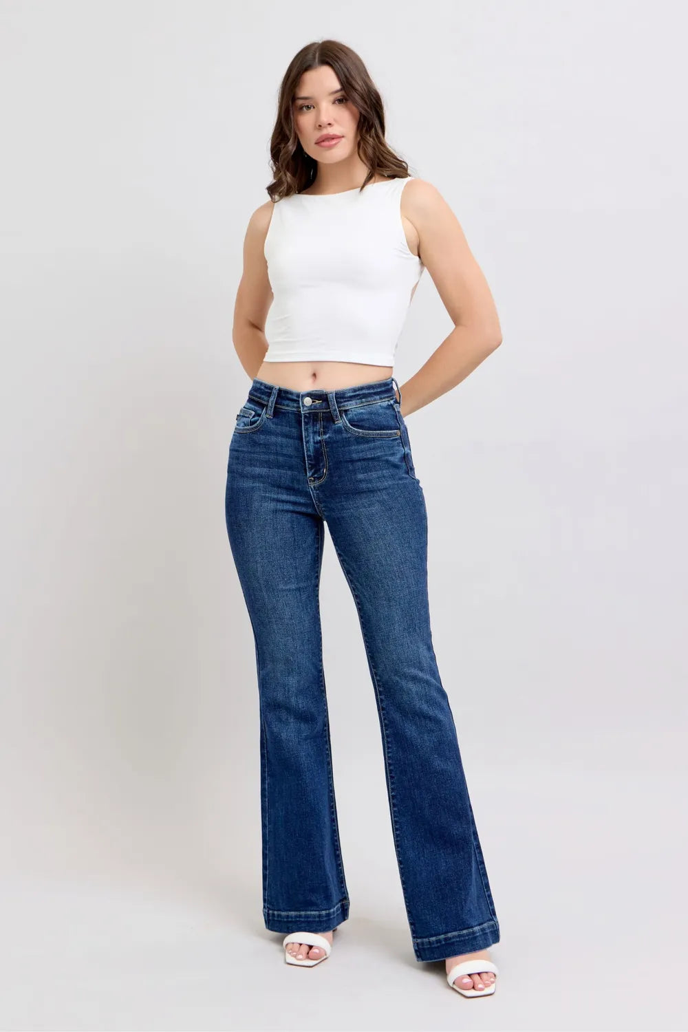 Judy Blue Full Size High Rise Flare Jeans with Pockets Plus Size Dark / 0(24) 