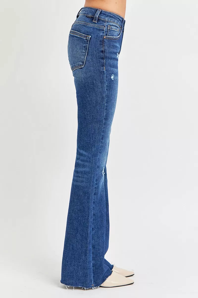 RISEN Full Size Distressed Mid Rise Flare Jeans Plus Size DARK / 0 