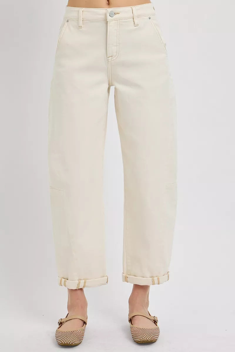 RISEN High Rise Relaxed Barrel Cuffed Jeans IVORY / 0 