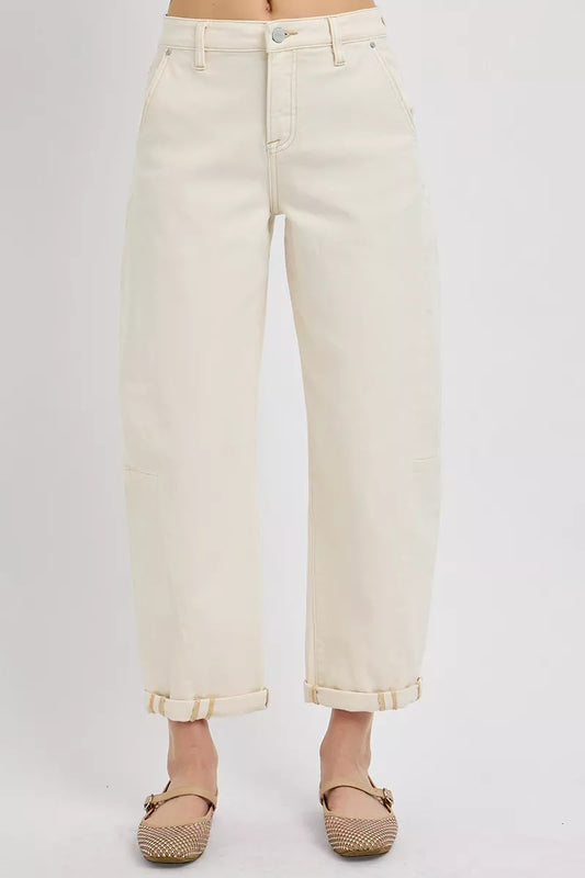 RISEN High Rise Relaxed Barrel Cuffed Jeans IVORY / 0 