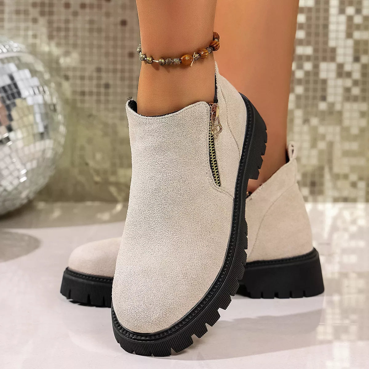 Round Toe Side Zip Ankle Boots Ivory / 36 