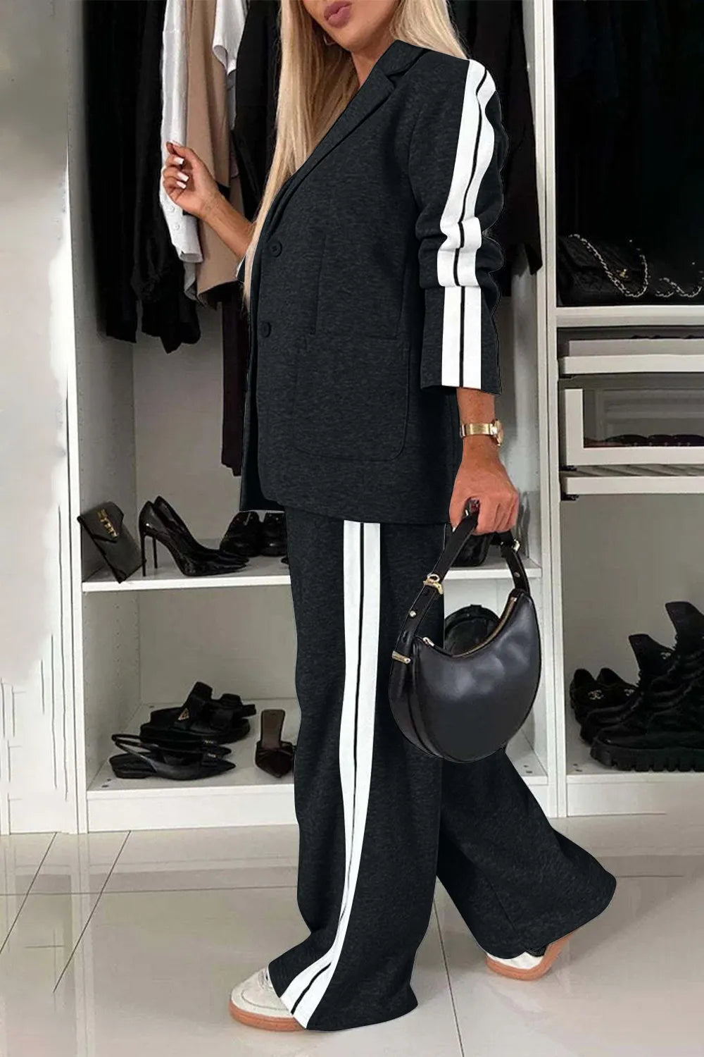 Full Size Contrast Lapel Collar Top and Pants Set Light Gray / S 