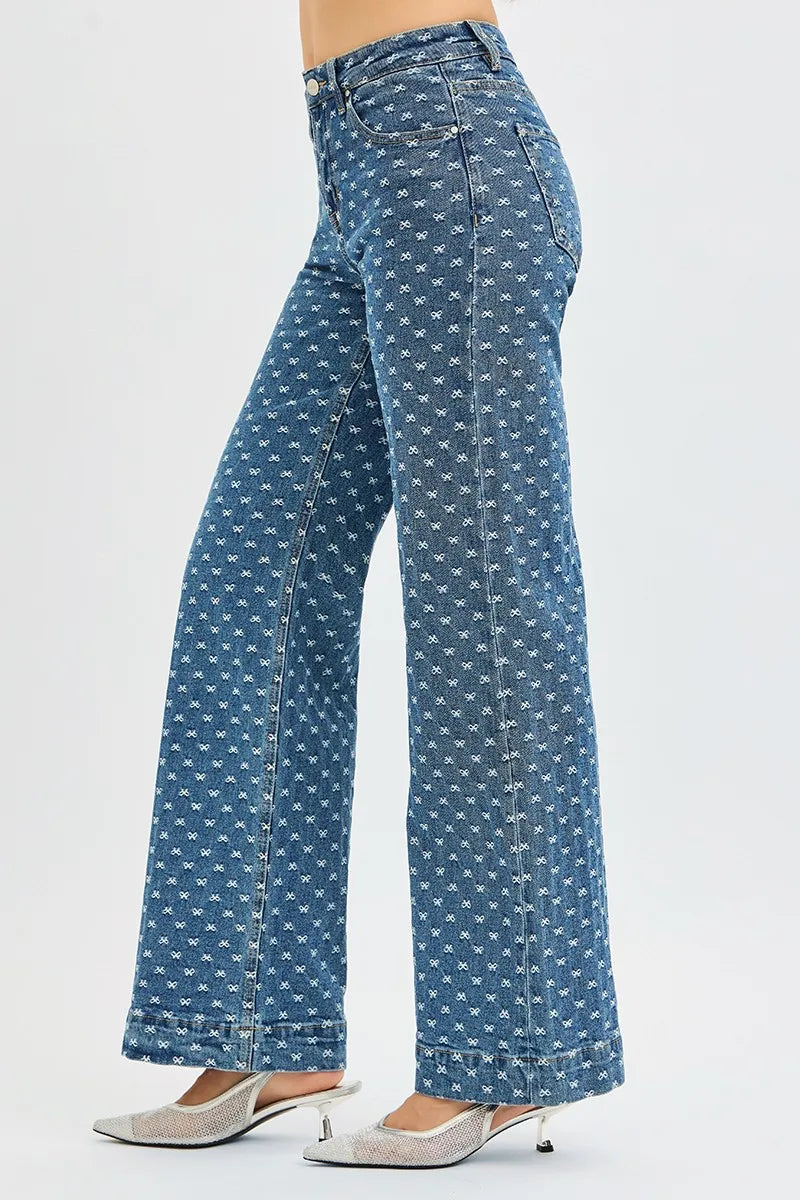 RISEN High Rise Wide Leg Bow Embroidered Jeans DARK / 0 