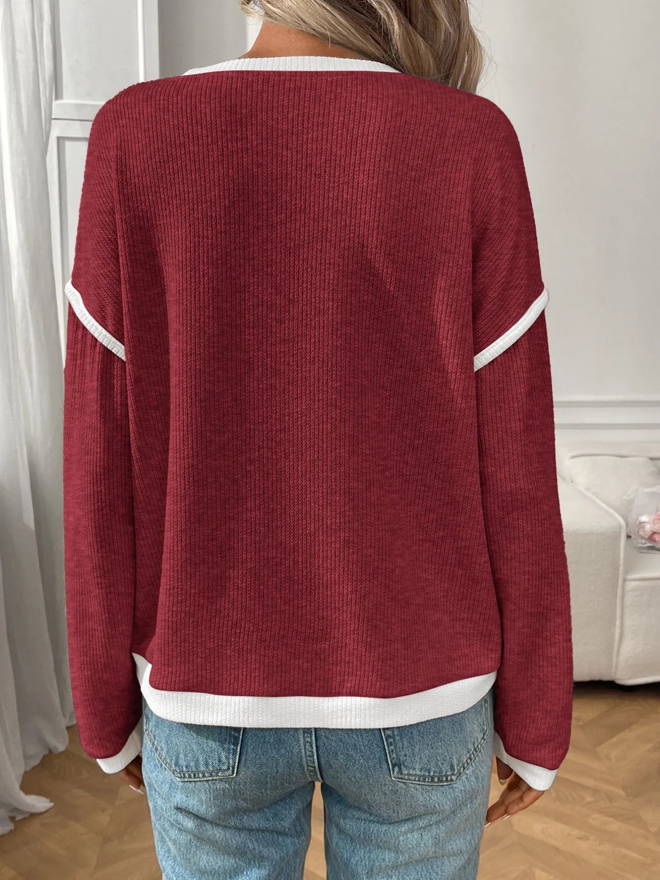 Ribbed Contrast Trim Long Sleeve Top Blush Pink / S 