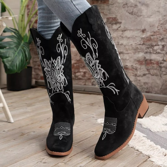 Embroidered Block Heels Boots White / 36 