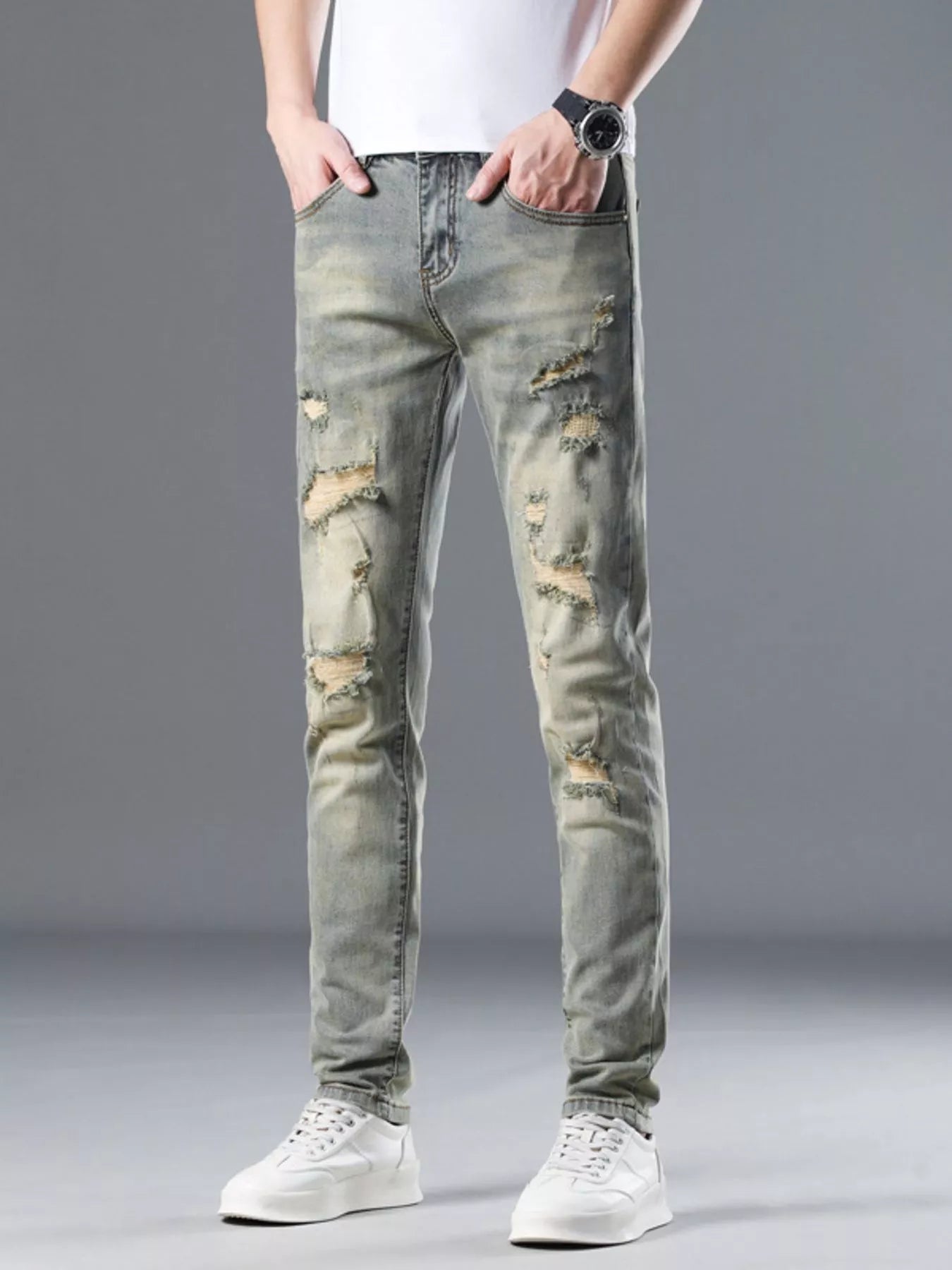 Men's Distressed Slim Fit Jeans Vintage Yellow / 28 