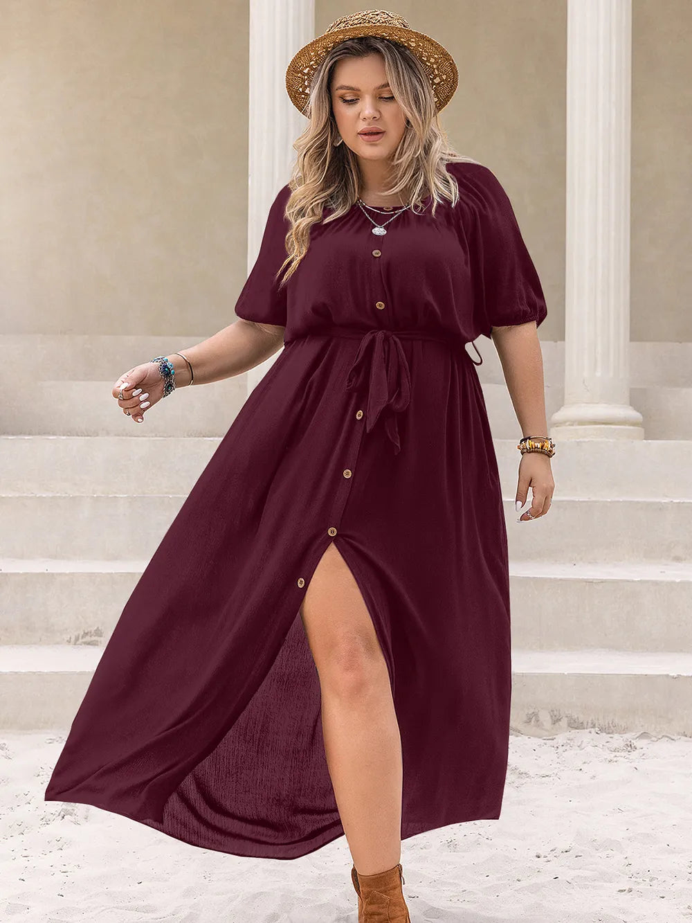 Plus Size Round Neck Half Sleeve Dress Burgundy / 0XL 