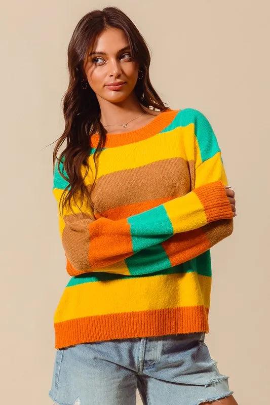 SO ME Multi Color Stripe Sweater with Ribbed Detail RUS/JAD/MUST/COFF / S 