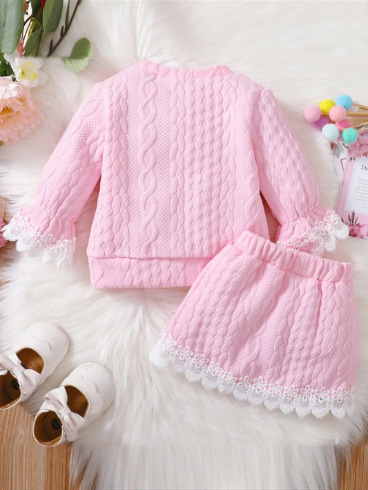 Children's Lace Detail Top and Skirt Set Pink / 3-6M 