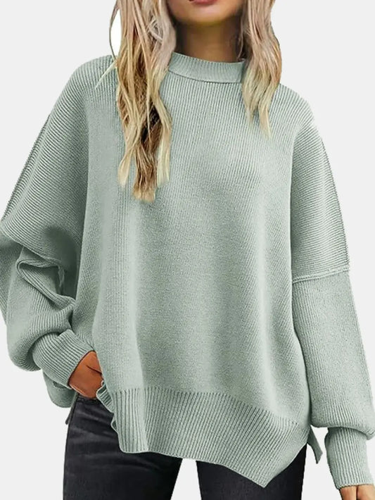Round Neck Drop Shoulder Slit Sweater Sage / S 